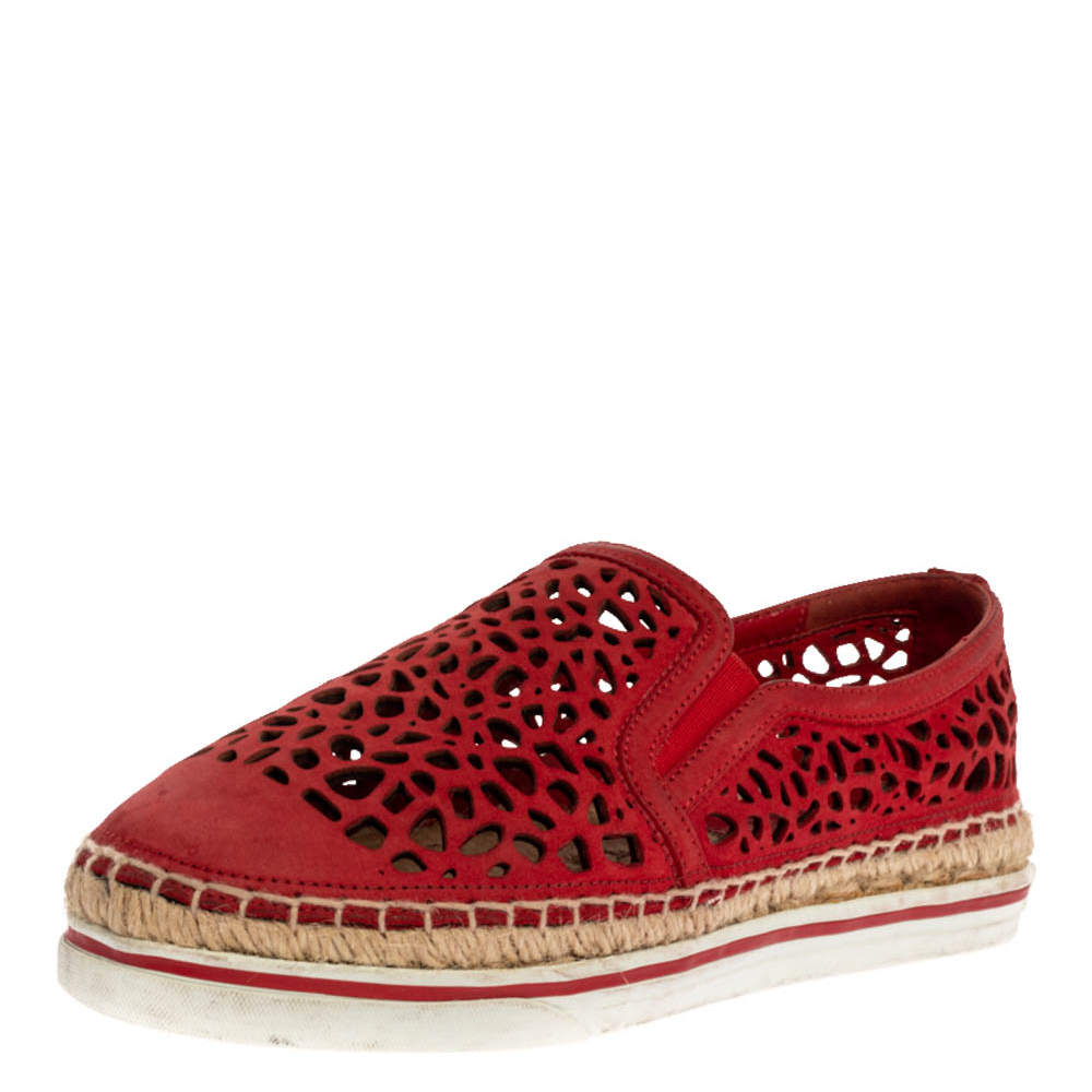 Pre Owned Jimmy Choo Red Cut Out Leather Dawn Slip On Espadrille Flats Size 35.5