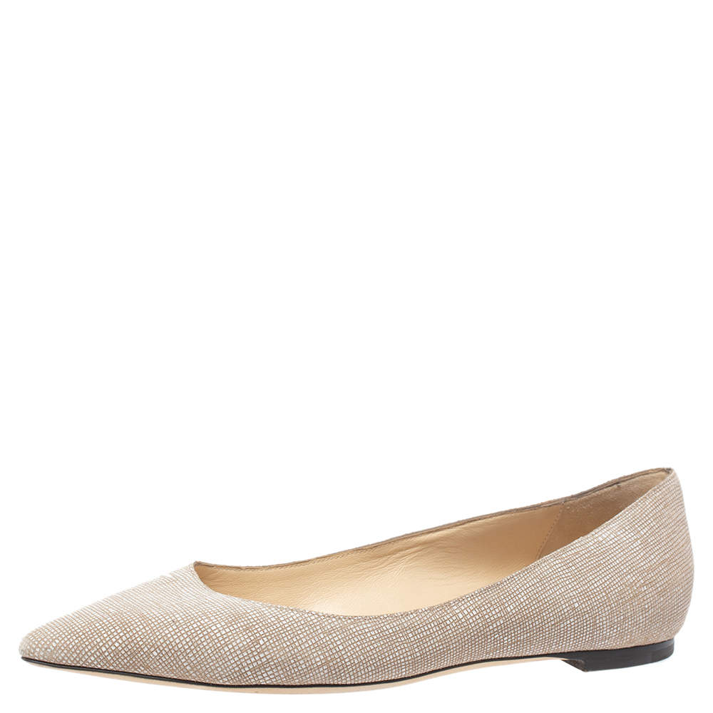 Pre Owned Jimmy Choo Beige/White Textured Leather Romy Ballet Flats Size 38.5