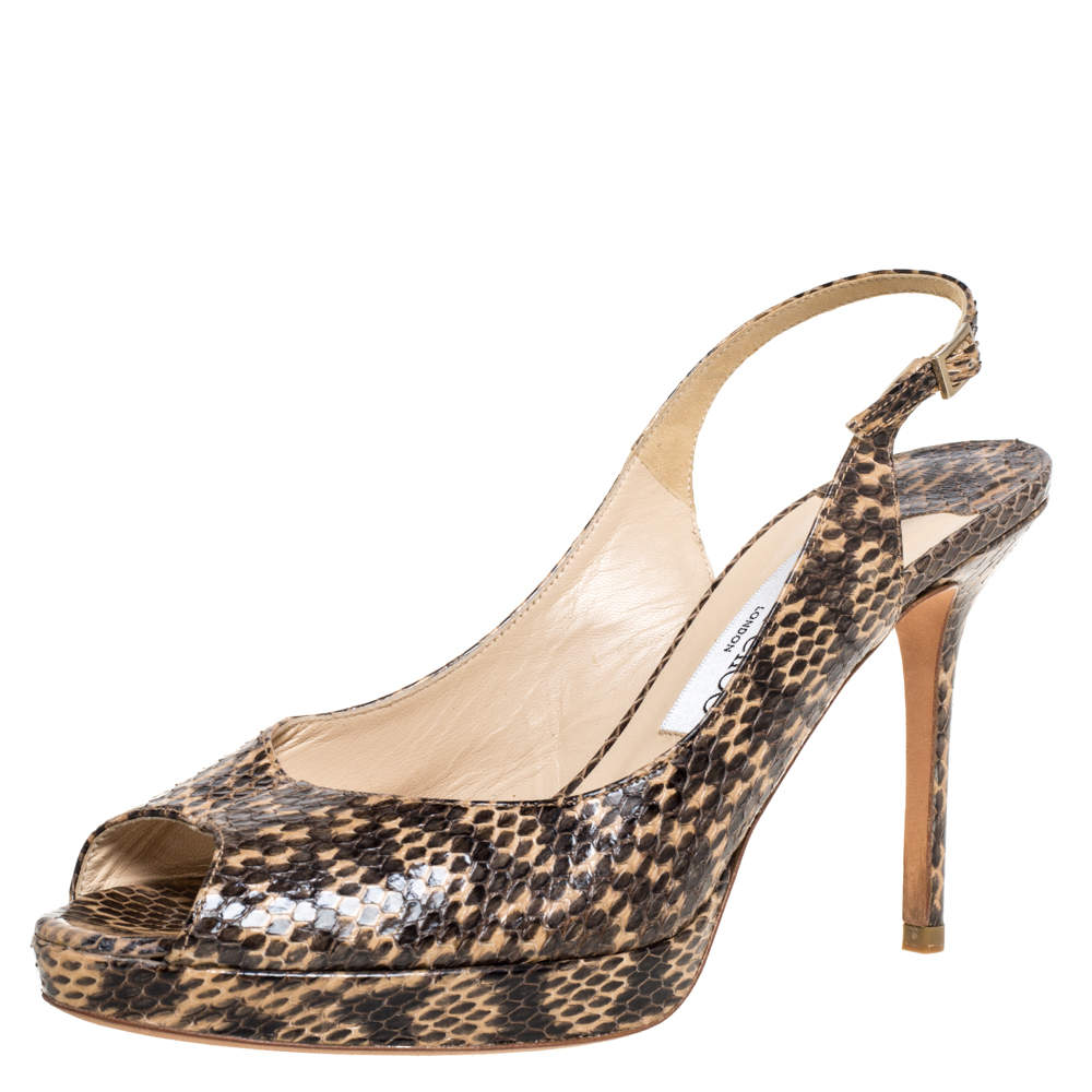 Pre Owned صندل جيمي تشو فتحة كعب نعل سميك مقدمة مفتوحة نوفا جلد ثعبان بيج وبنى مقاس 39