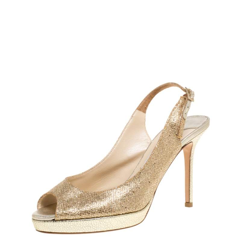 Jimmy Choo Gold Shimmery Fabric Nova Slingback Peep Toe Platform Sandals Size 37.5