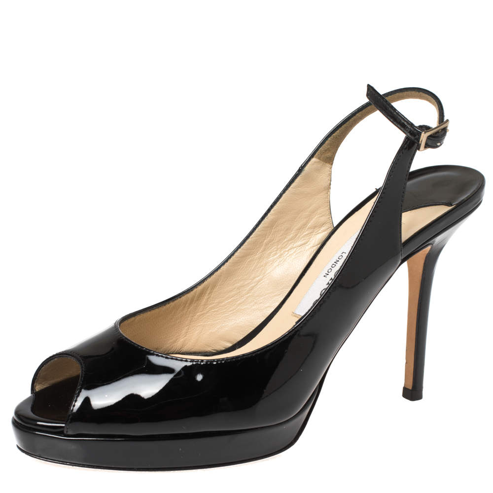 Jimmy Choo Black Patent Leather Nova Slingback Peep Toe Platform Sandals Size 37