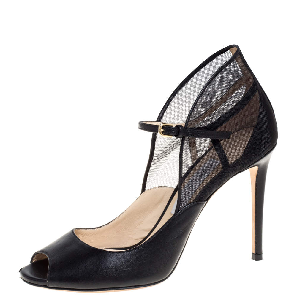 مملوكة مسبقًا Jimmy Choo Black Leather Mesh Trudie Peep Toe Ankle Strap Pumps Size 38