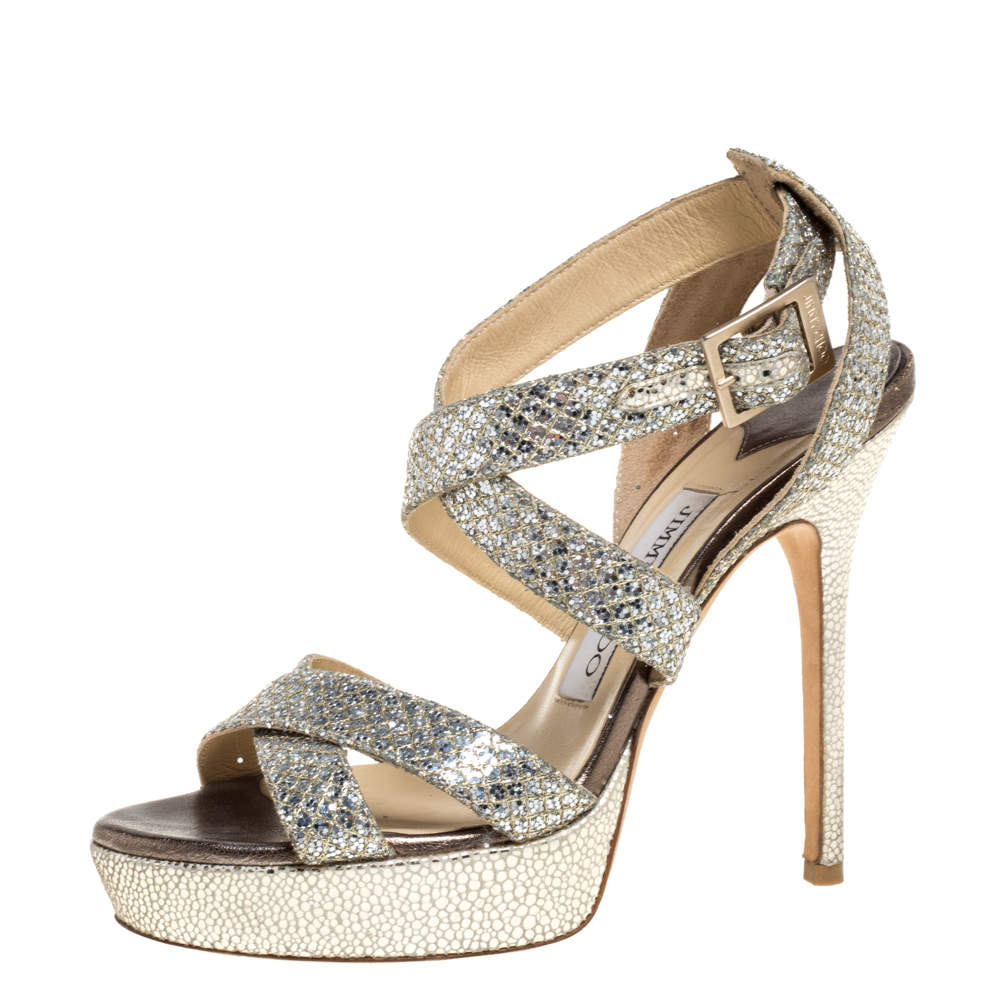 Pre Owned Jimmy Choo Gold/Silver Glitter Vamp Platform Strappy Sandals Size 36