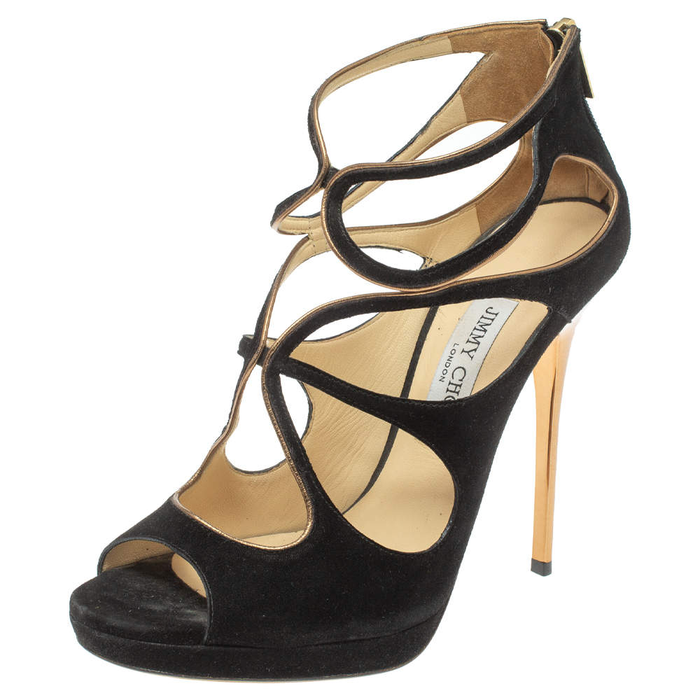 Pre Owned Jimmy Choo Black Suede Strappy Zipper Sandals Size 39.5