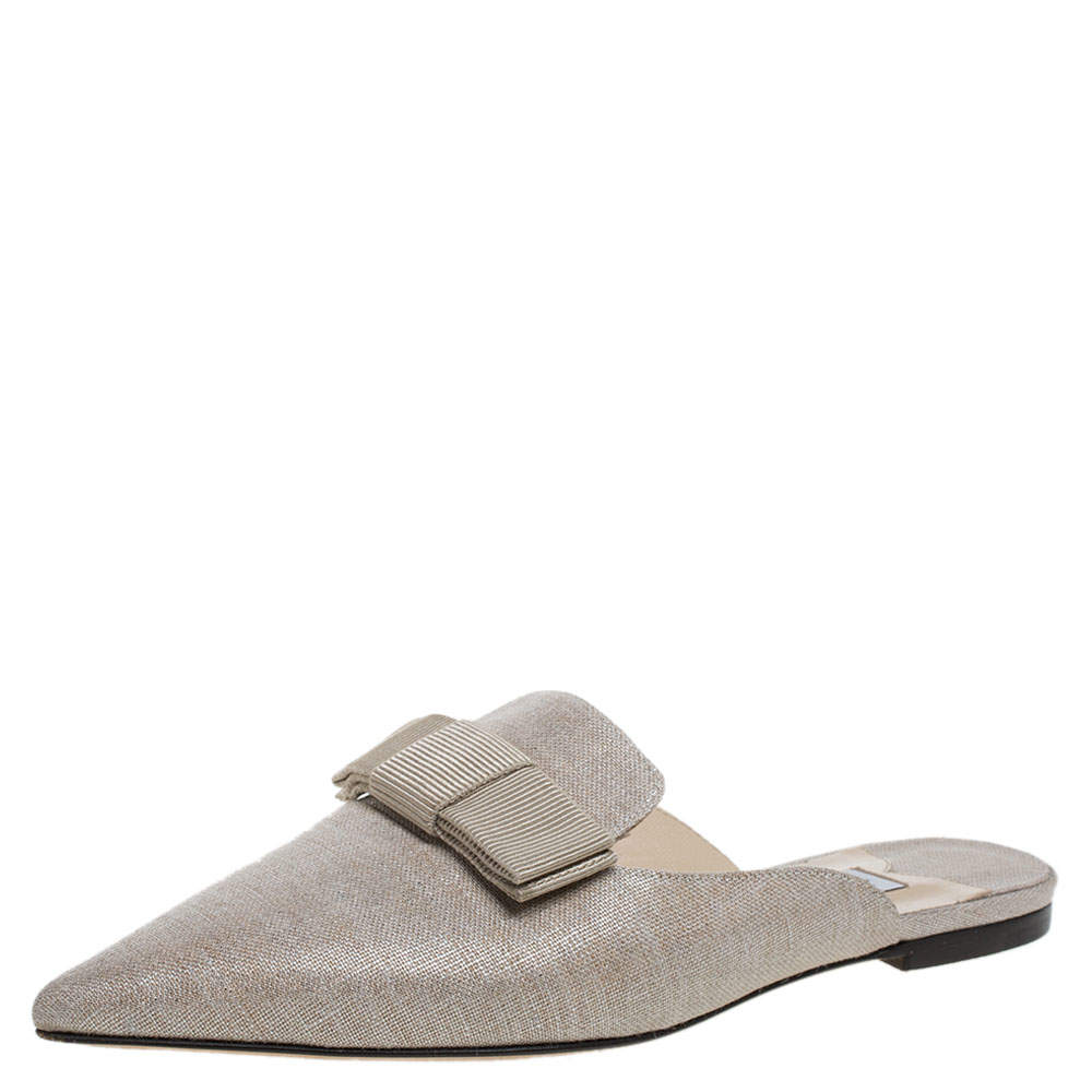 Pre Owned Jimmy Choo Beige Metallic Canvas Galaxy Bow Flat Mules Size 38