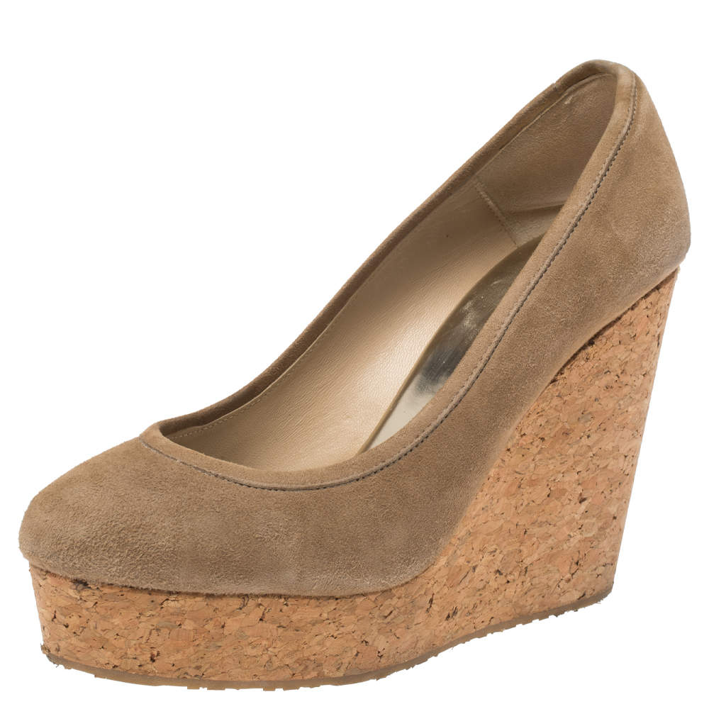 Pre Owned Jimmy Choo Beige Suede And Cork Wedge Platform Pumps Size 39