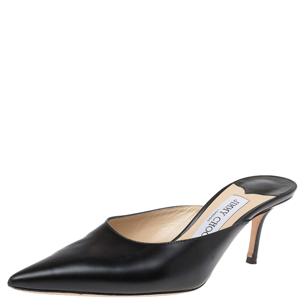 Pre Owned Jimmy Choo Black Leather Rav Pointed Toe Mules Size 38