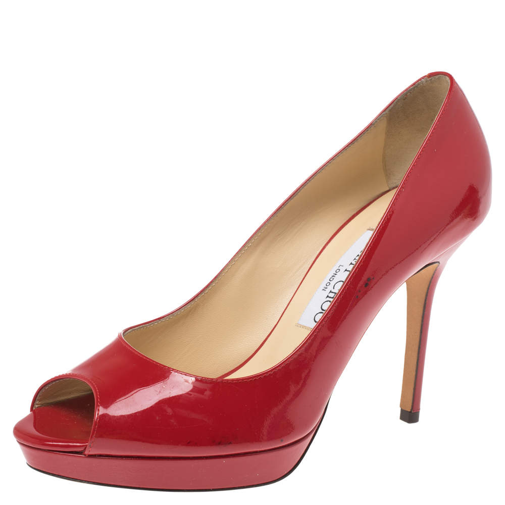 Pre Owned Jimmy Choo Red Patent Leather Luna Pee Toe Pumps Size 38