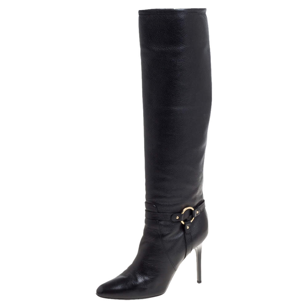 مملوكة مسبقًا Jimmy Choo Black Leather Knee Length Pointed Toe Boots Size 38.5