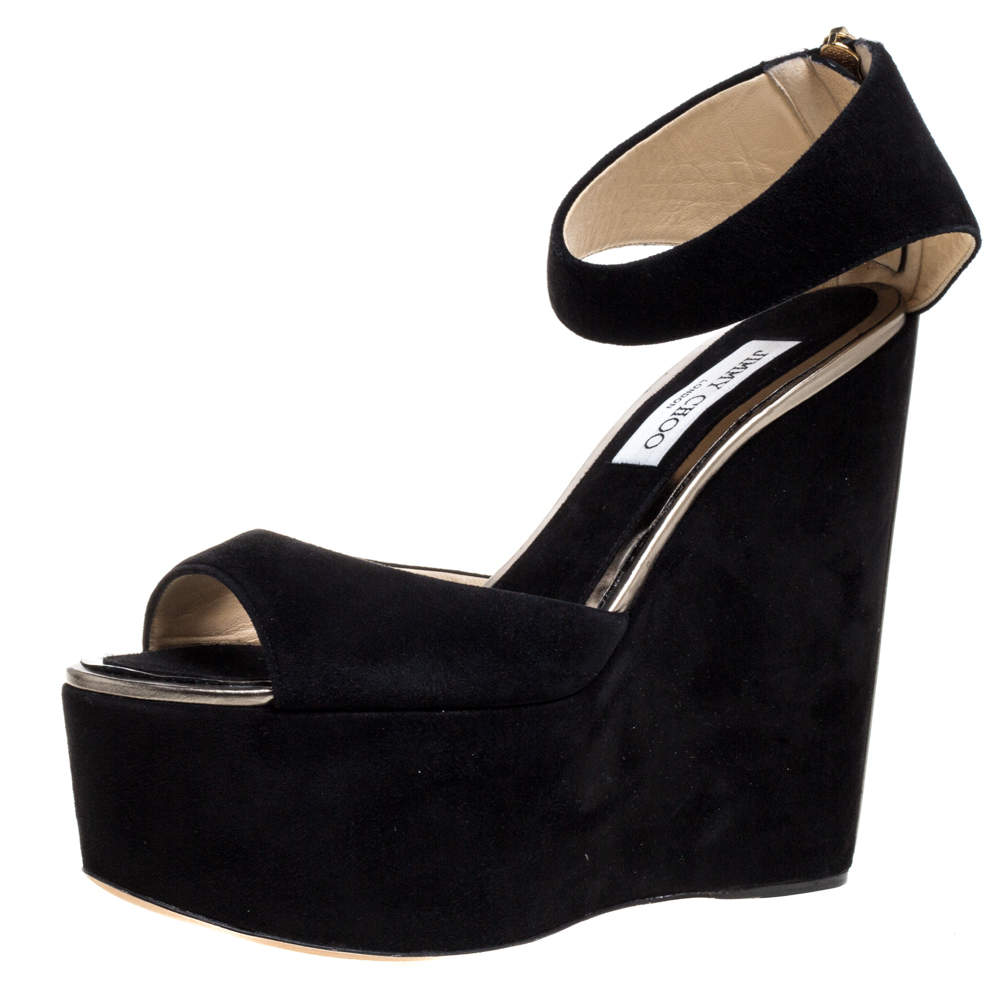 Pre Owned Jimmy Choo Black Suede Open Toe Platform Wedge Sandals Size 39