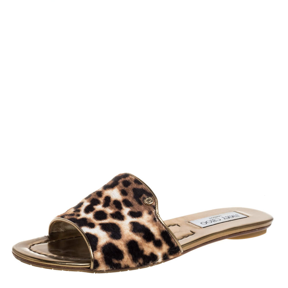 Pre Owned صندل سلايد فلات جيمي تشو ناندا شعر مهر مطبوع نقشة الفهد بني مقاس 38