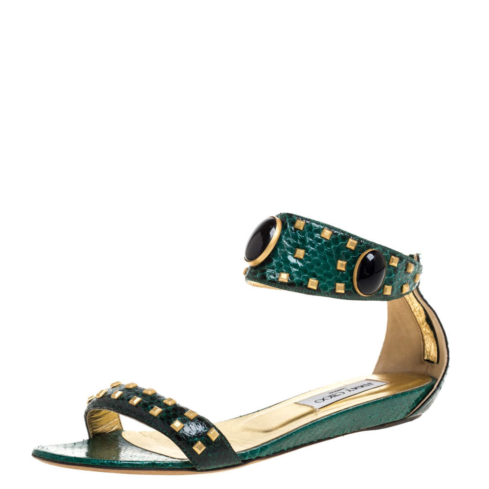 Pre Owned Jimmy Choo Green Python Leather Studded Pearl Embellished Ankle Cuff Flat Sandals Size 38