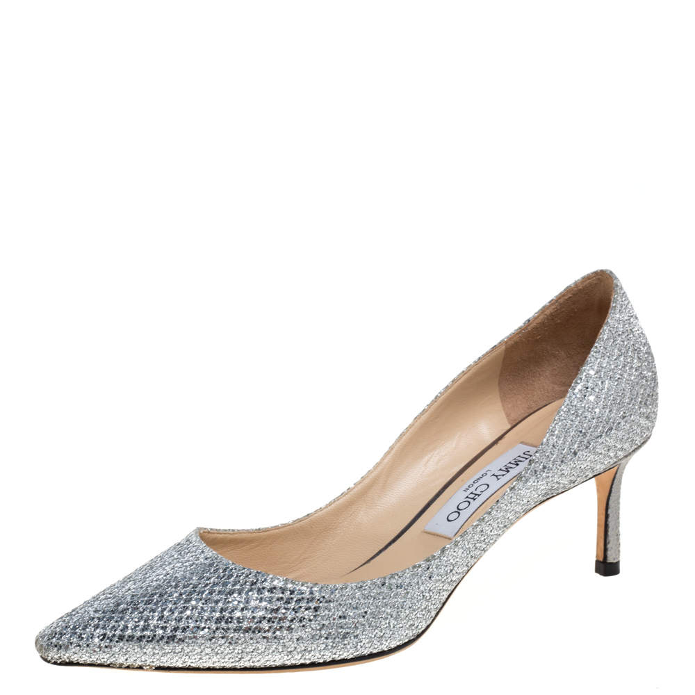 Pre Owned Jimmy Choo Silver Glitter Romy Pumps Size 38