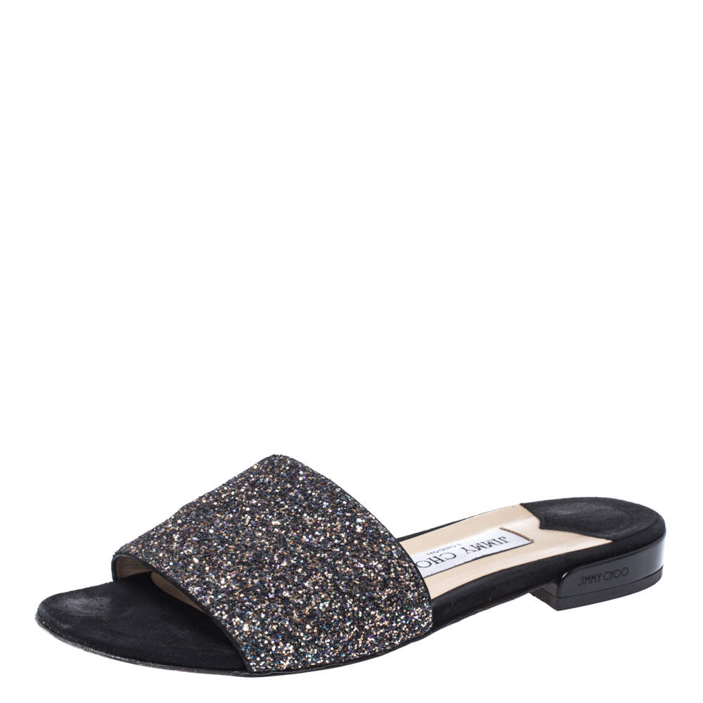 Pre Owned Jimmy Choo Black Twilight Glitter Fabric Joni Slide Flats Size 36