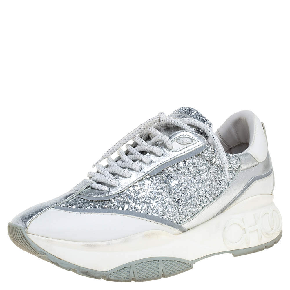 Jimmy Choo White/Silver Leather And Glitter Raine Low Top Sneakers Size 39