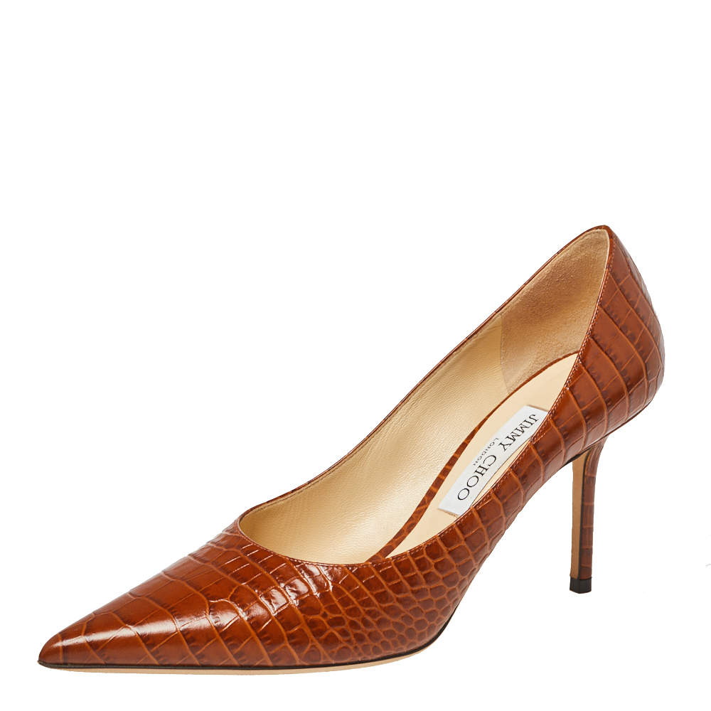 Jimmy Choo Brown Croc Embossed Leather Love Pumps Size 39
