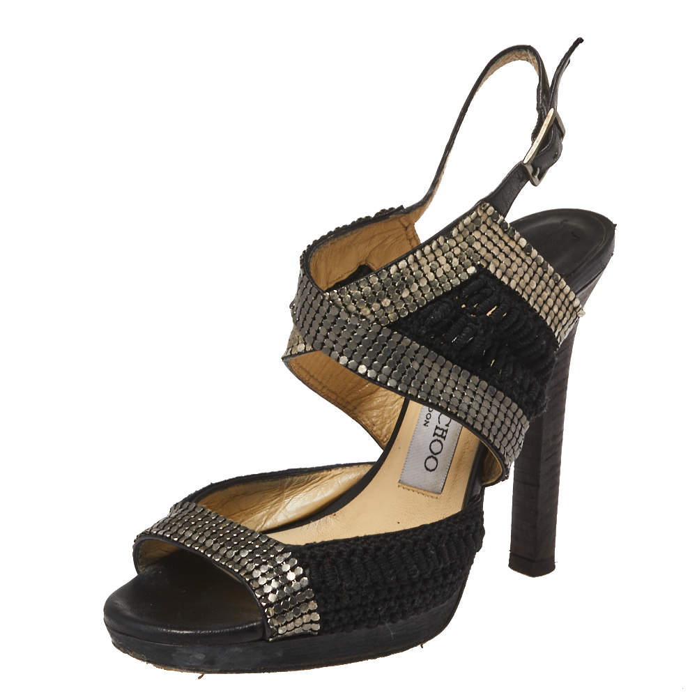 Jimmy Choo Black Chainmail and Fabric Peep Toe Slingback Sandals Size 36