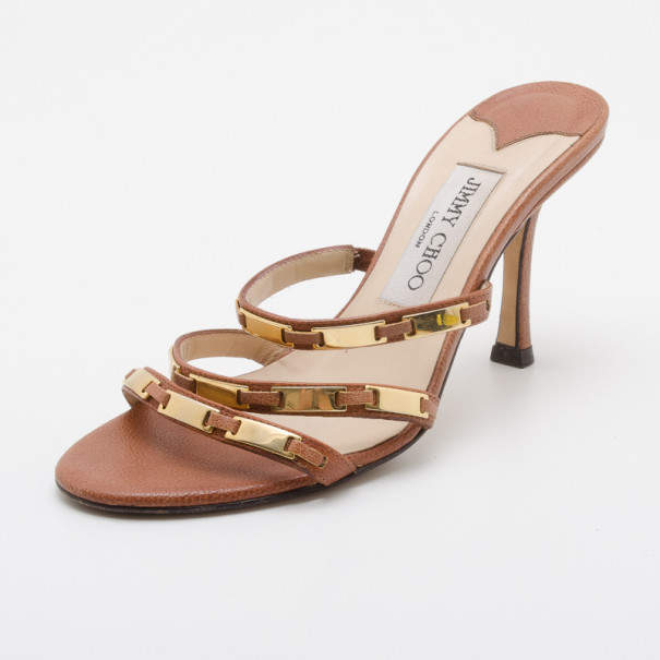 Pre Owned Jimmy Choo Brown Camel Leather 'Verity' Strap Sandals Size 36.5