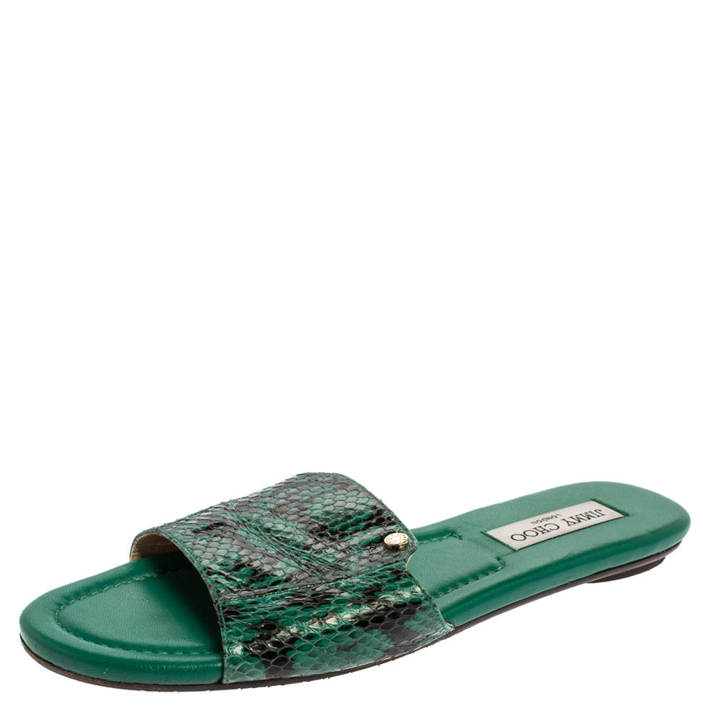 مملوكة مسبقًا Jimmy Choo Green Python Embossed Leather Nanda Flat Slides Size 39.5