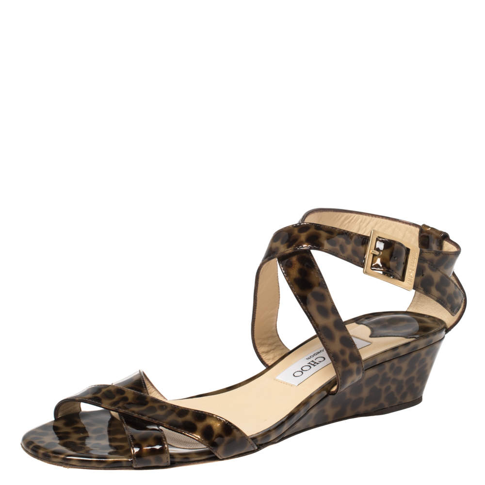 Jimmy Choo Two Tone Leopard Print Patent Leather Chiara Wedge Sandals Size 39