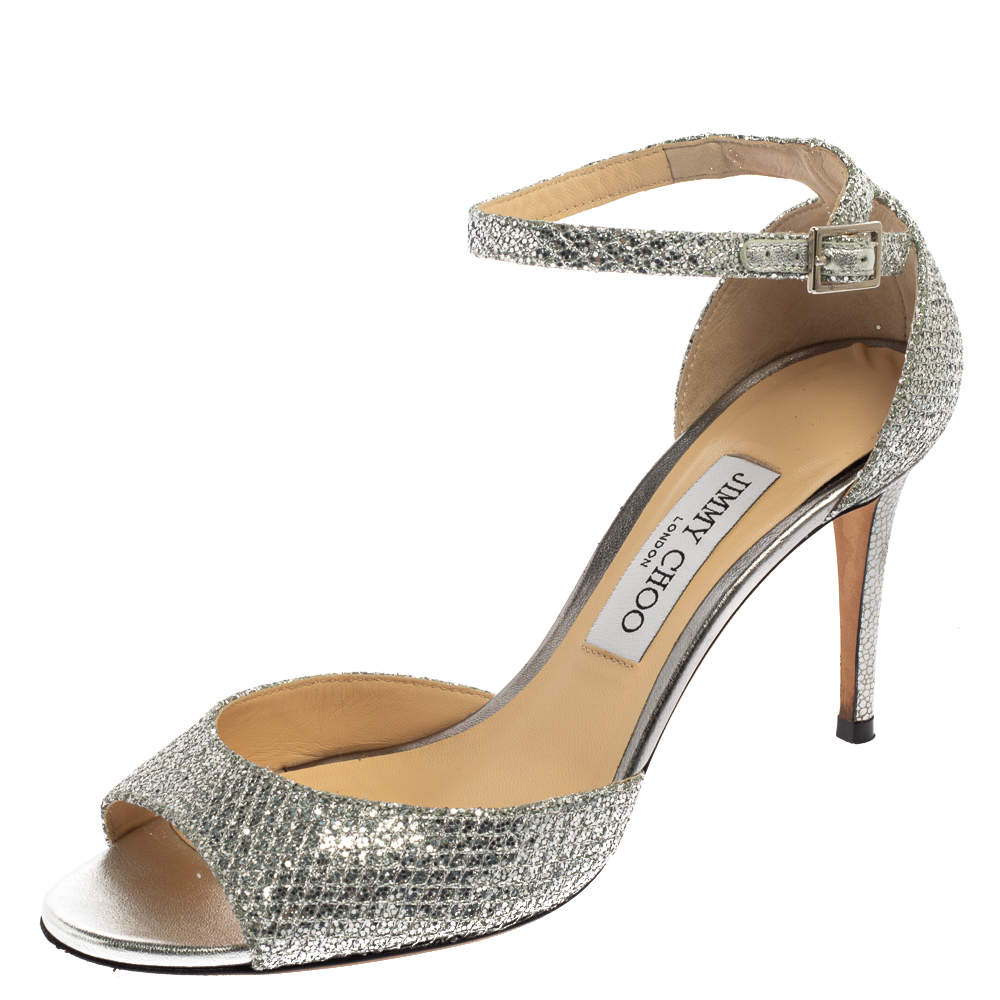 Pre Owned Jimmy Choo Metallic Silver Glitter Fabric Annie Ankle Strap Sandals Size 38.5