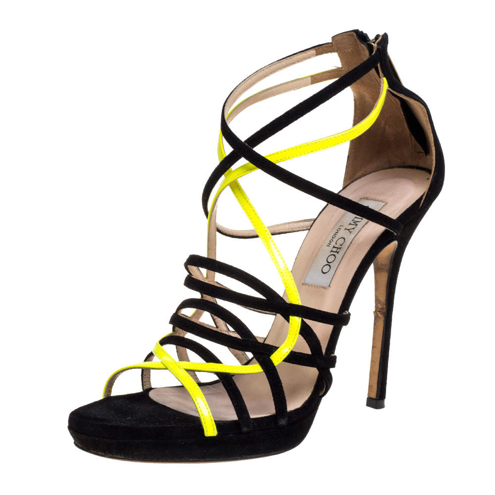 Jimmy Choo Yellow and Black Suede Myth Strappy Sandals Size 38.5