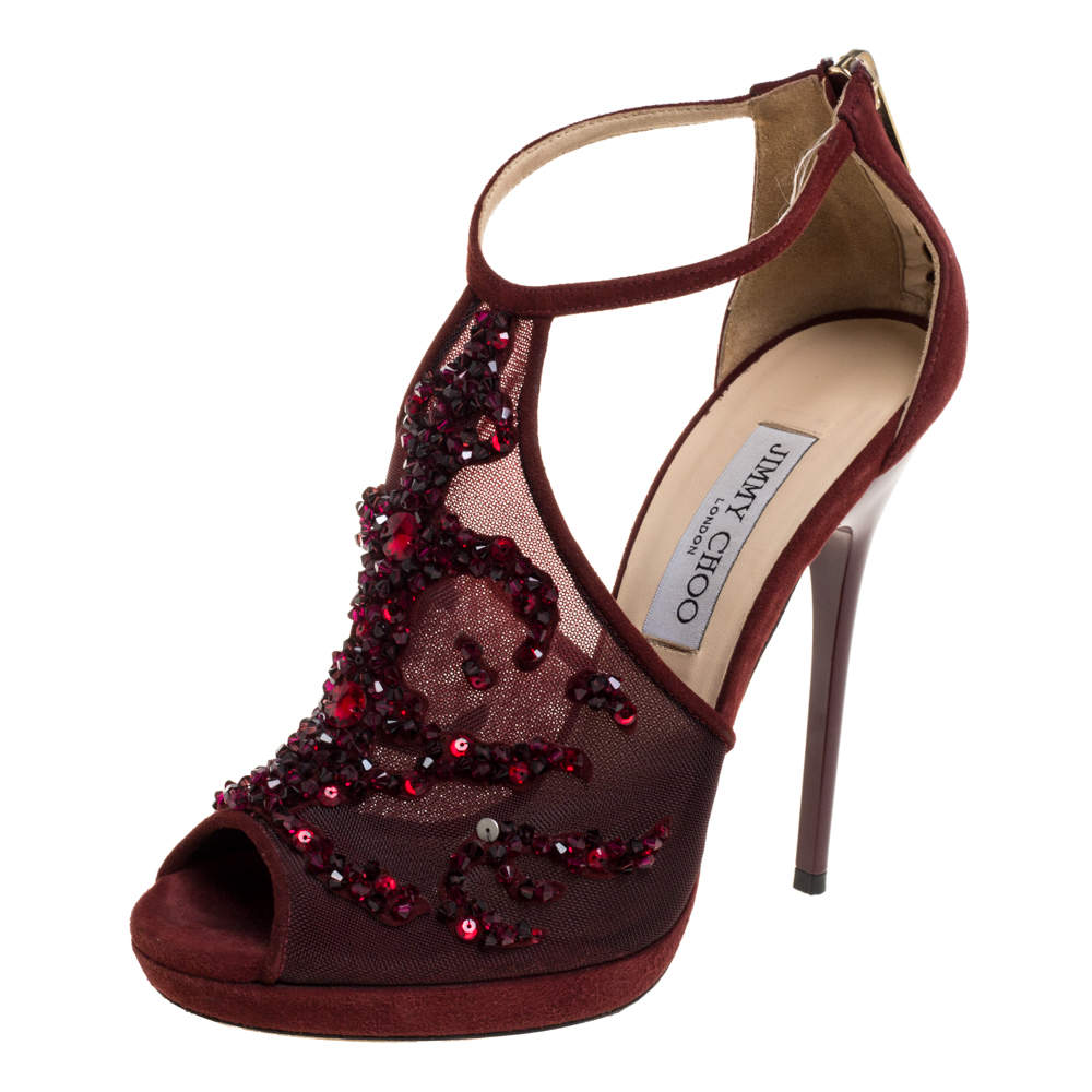 Jimmy Choo Burgundy Embellished Mesh And Suede Sandals Size 37.5