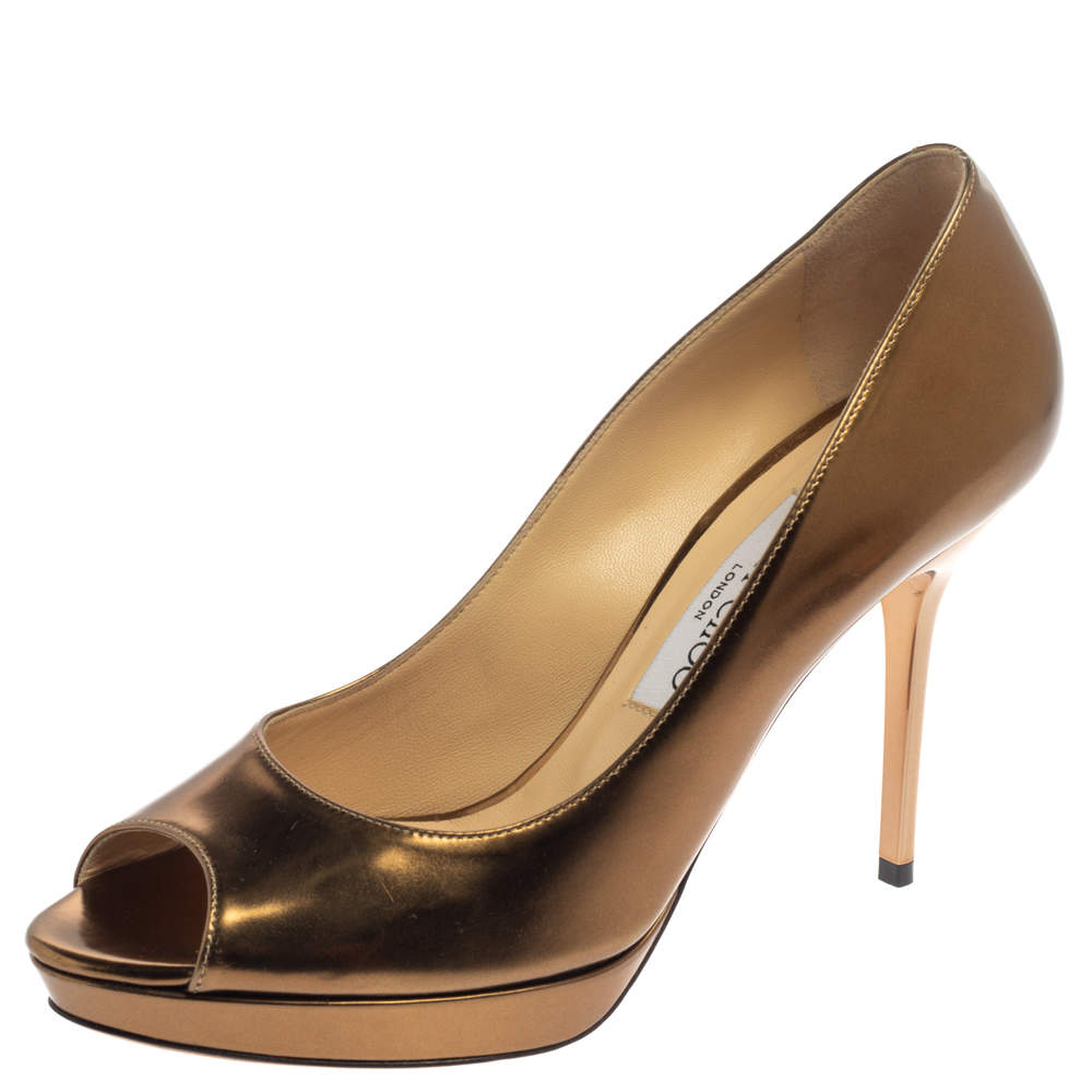 Jimmy Choo Metallic Gold Patent Leather Dahlia Peep Toe Platform Pumps Size 38