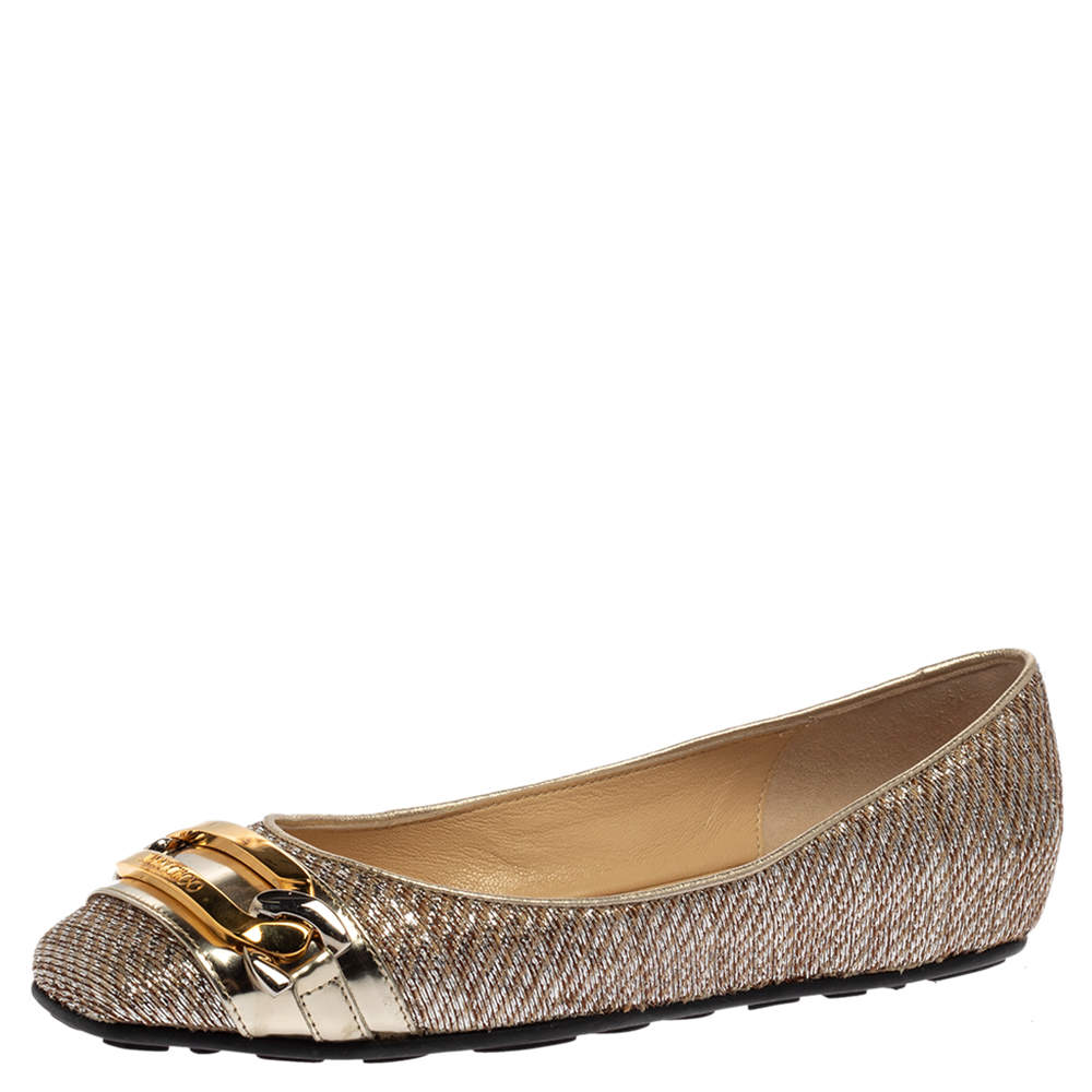 Pre Owned Jimmy Choo Brown/Silver Fabric Morse Buckle Ballet Flats Size 37