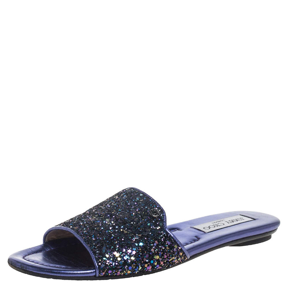 Jimmy Choo Metallic Purple Coarse Glitter Nanda Flat Slides Size 37