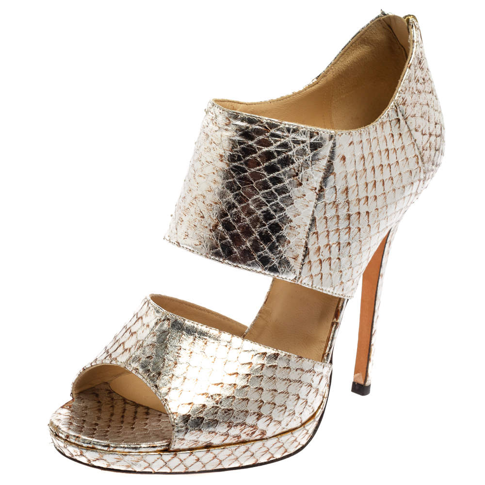 Pre Owned Jimmy Choo Silver Python Embossed Leather Private Peep Toe Sandals Size 40