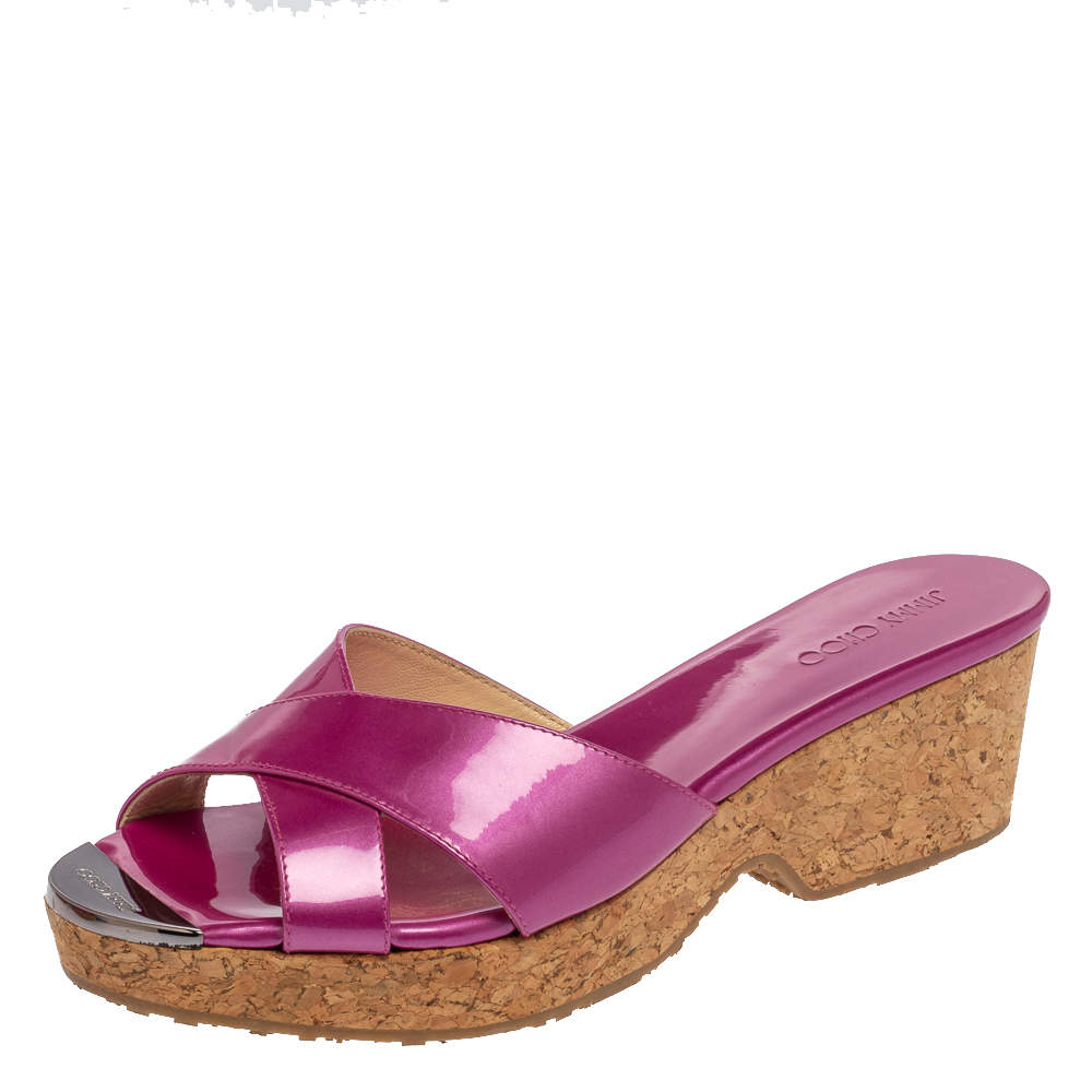 Jimmy Choo Pink Patent Leather Panna Criss Cross Cork Slide Sandals Size 38.5