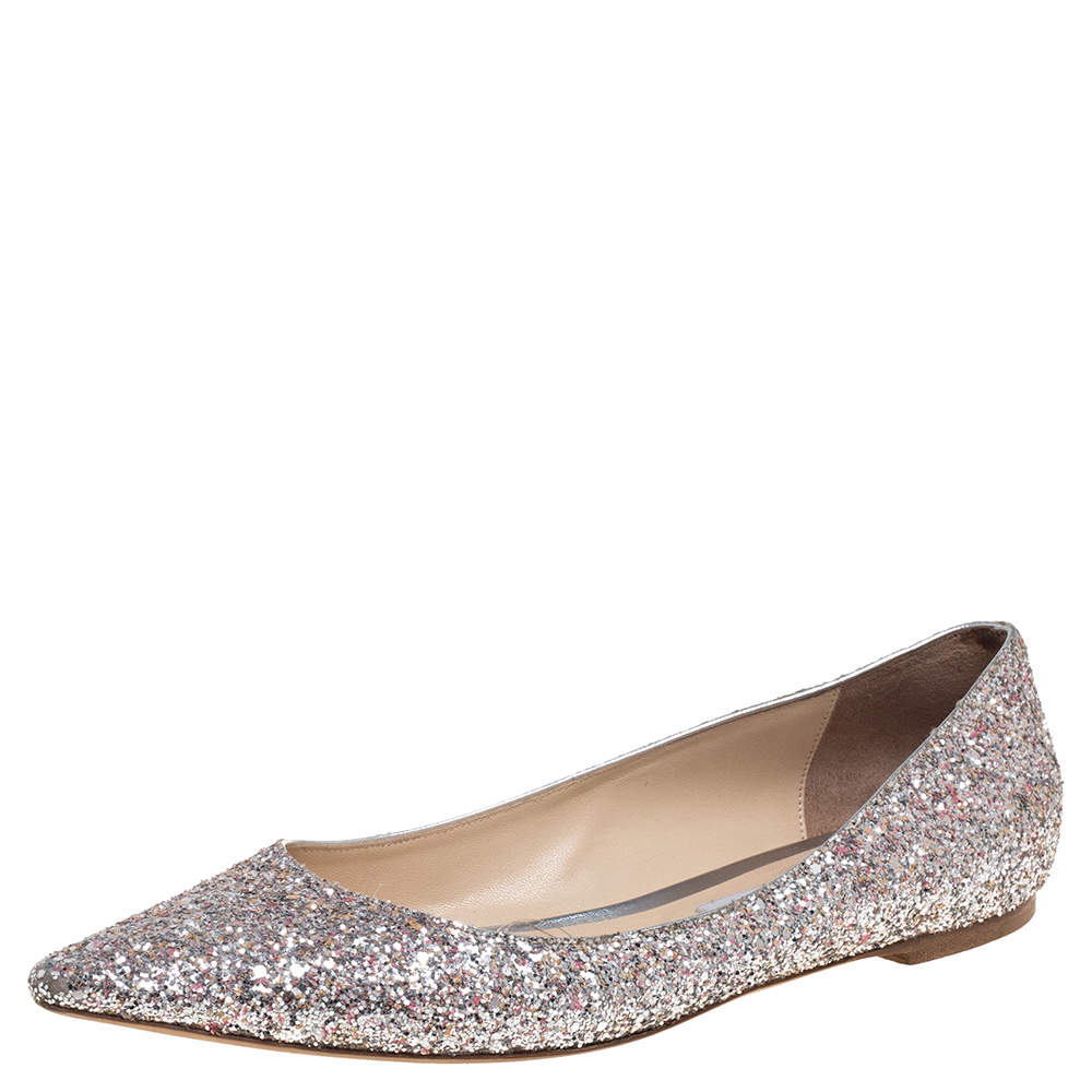 Pre Owned Jimmy Choo Silver Glitter Romy Pointed Toe Flats Size 42