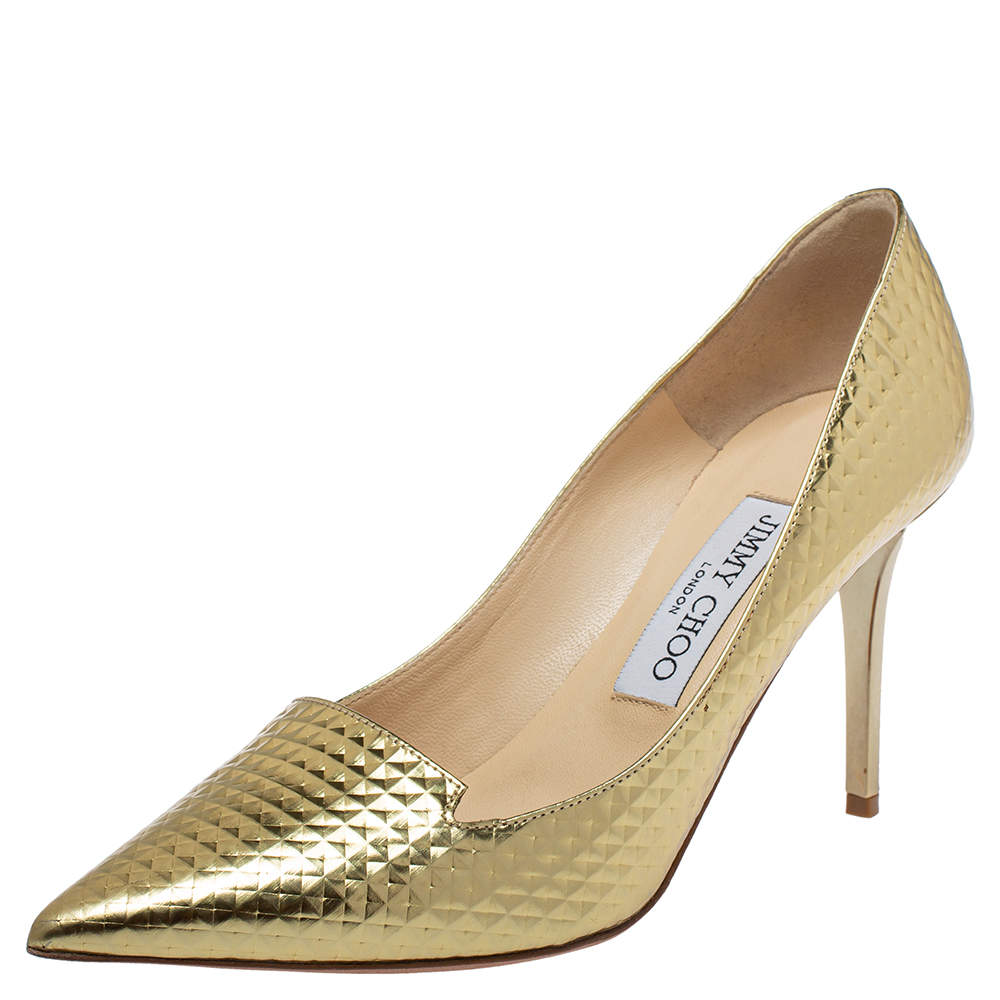 Pre Owned Jimmy Choo Gold Leather Pointed Toe Pumps Size 37