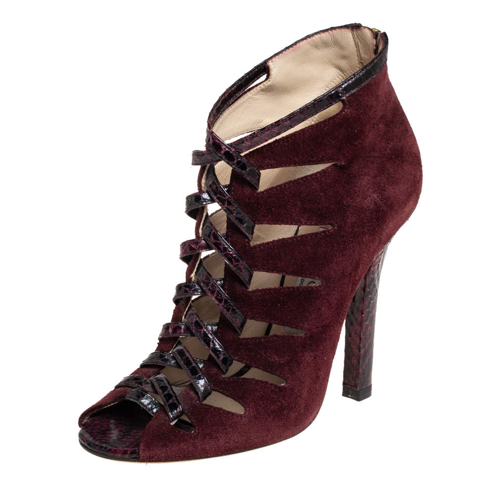 Pre Owned Jimmy Choo Burgundy Suede And Python Ankle Boots Size 37