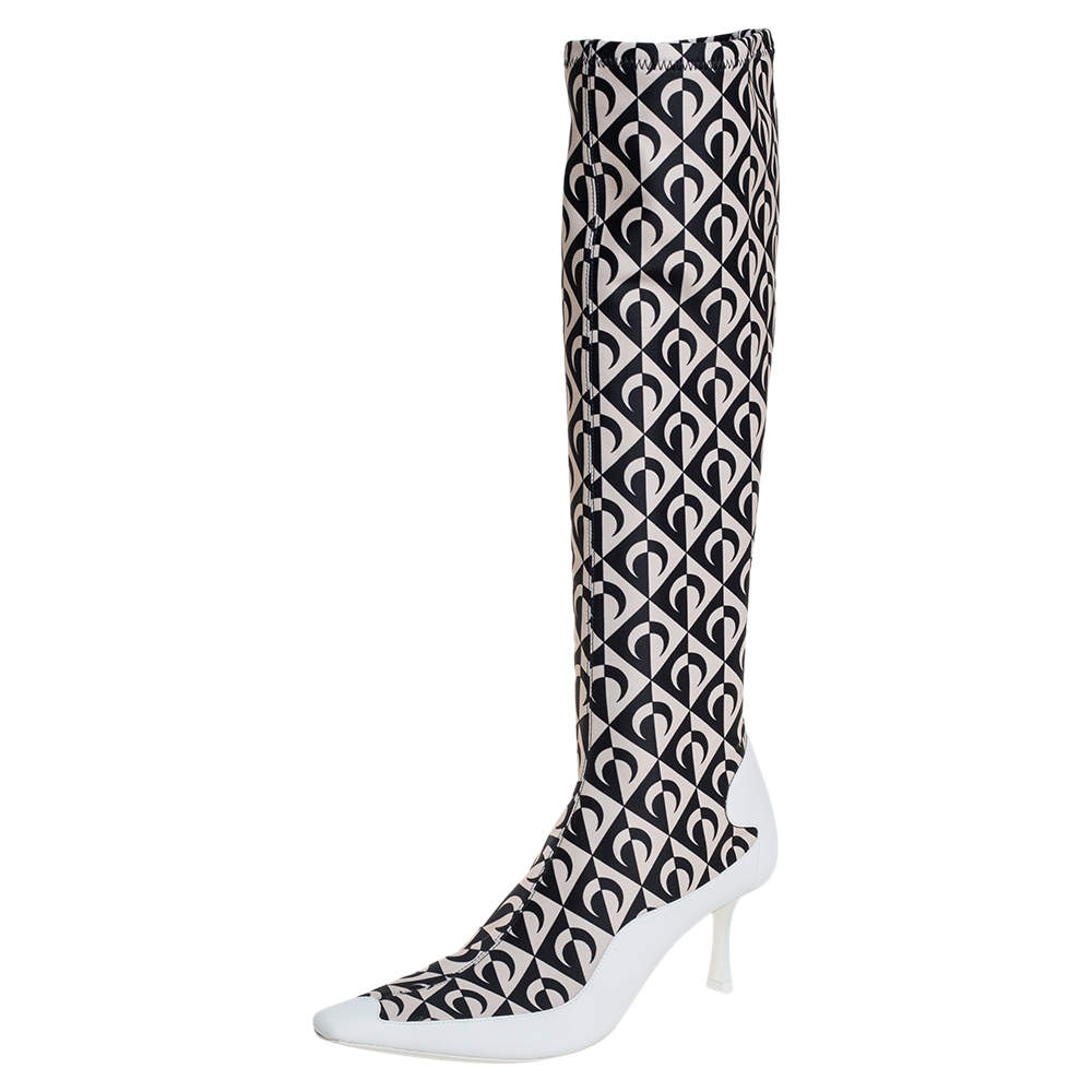 مملوكة مسبقًا Jimmy Choo White/Black Leather And Stretch Fabric Knee High Boots Size 37