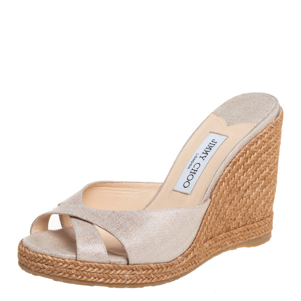 Pre Owned Jimmy Choo Beige Canvas Wedge Sandals Size 39.5