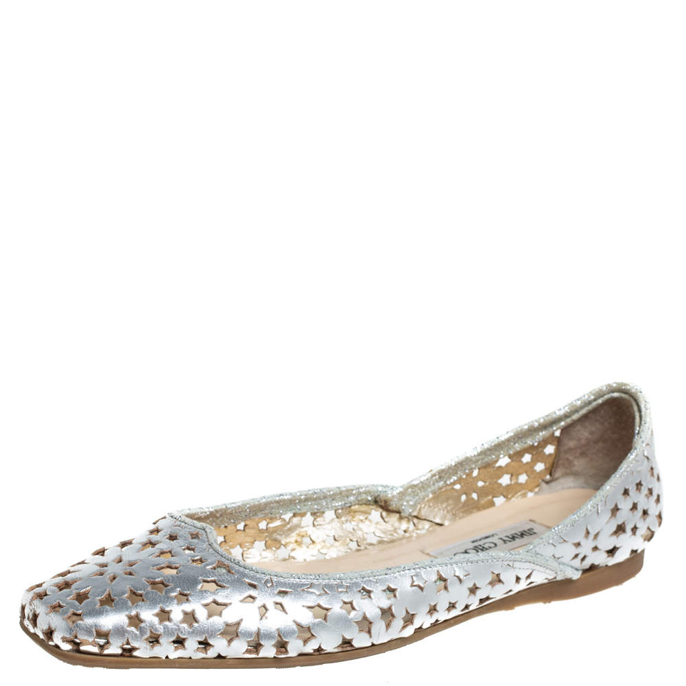 Pre Owned Jimmy Choo Silver Leather Laser Cut Ballet Flats Size 41