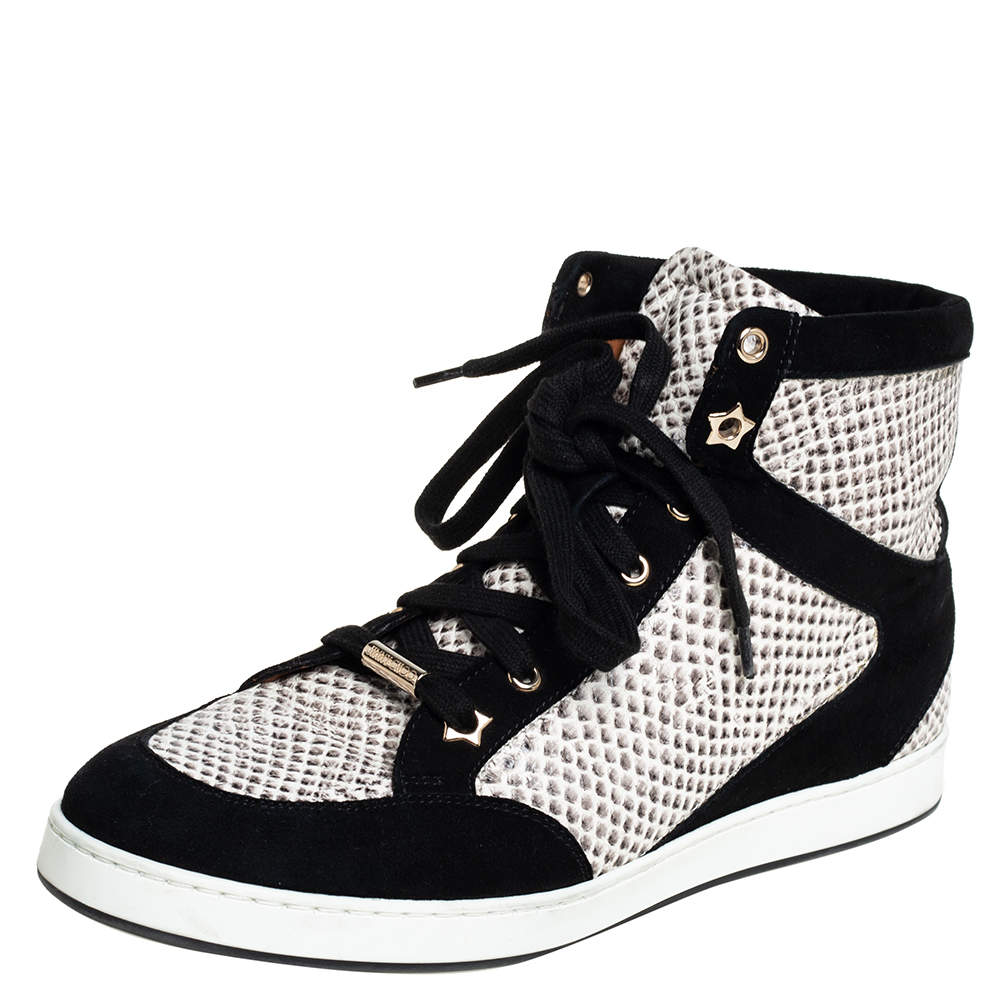 Jimmy Choo White/Black Suede And Snakeskin Embossed High Top Sneakers Size 38.5