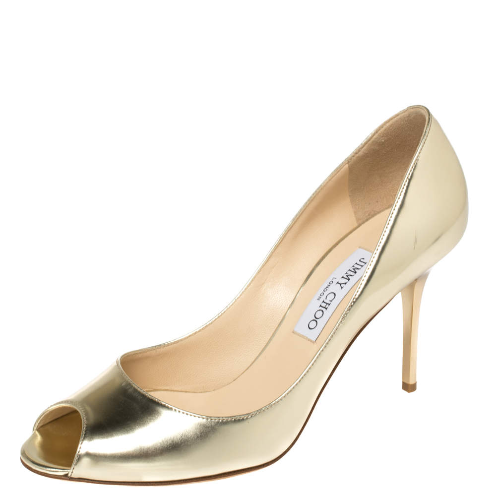 Pre Owned حذاء كعب عالي جيمي تشو إيفيلين مقدمة مفتوحة جلد ذهبي ميتالك 40