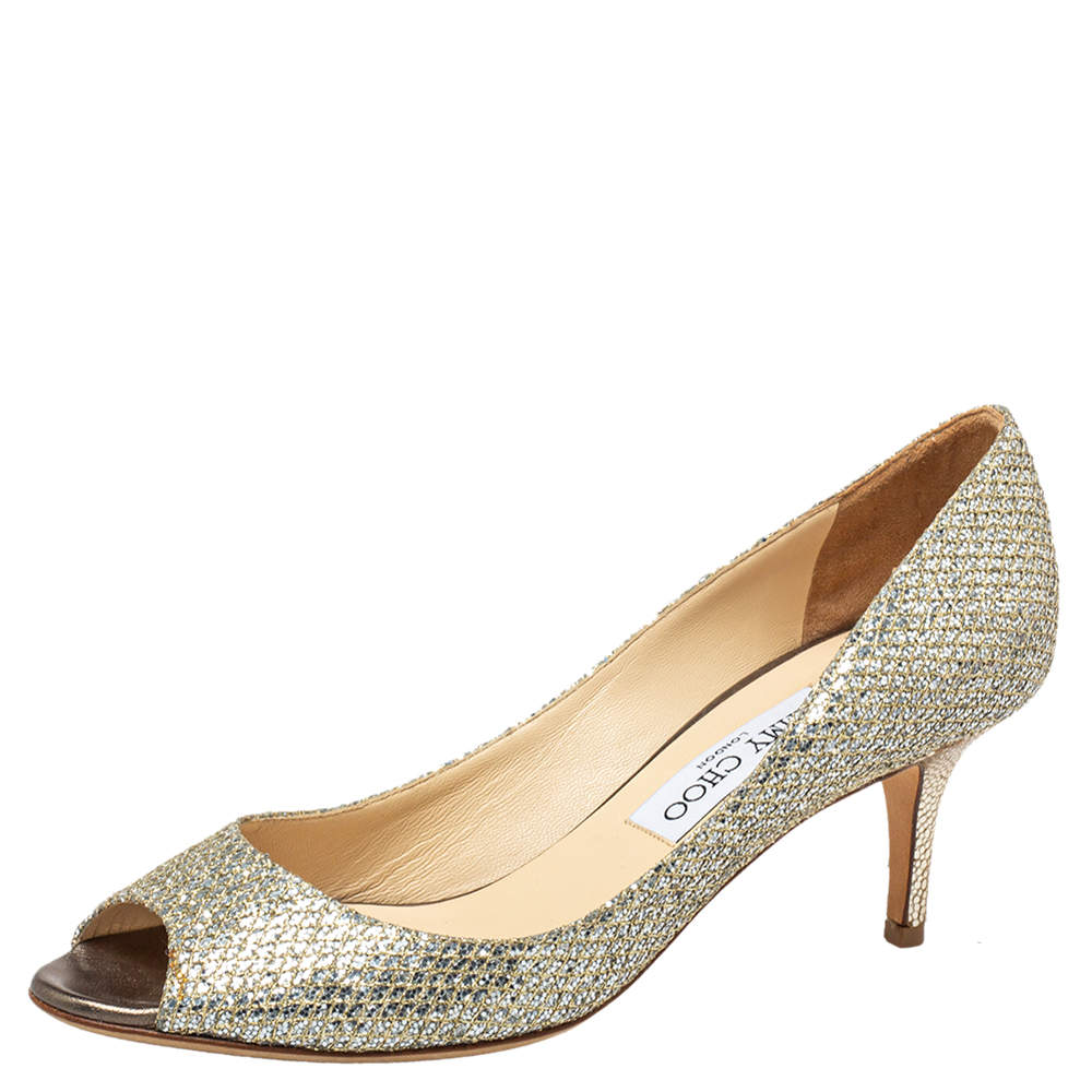 Pre Owned Jimmy Choo Metallic Gold Glitter Isabel Peep Toe Pumps Size 38