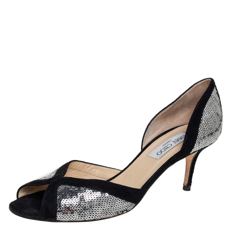 Jimmy Choo Black/Silver Suede And Sequin Teton D'orsay Pumps Size 40