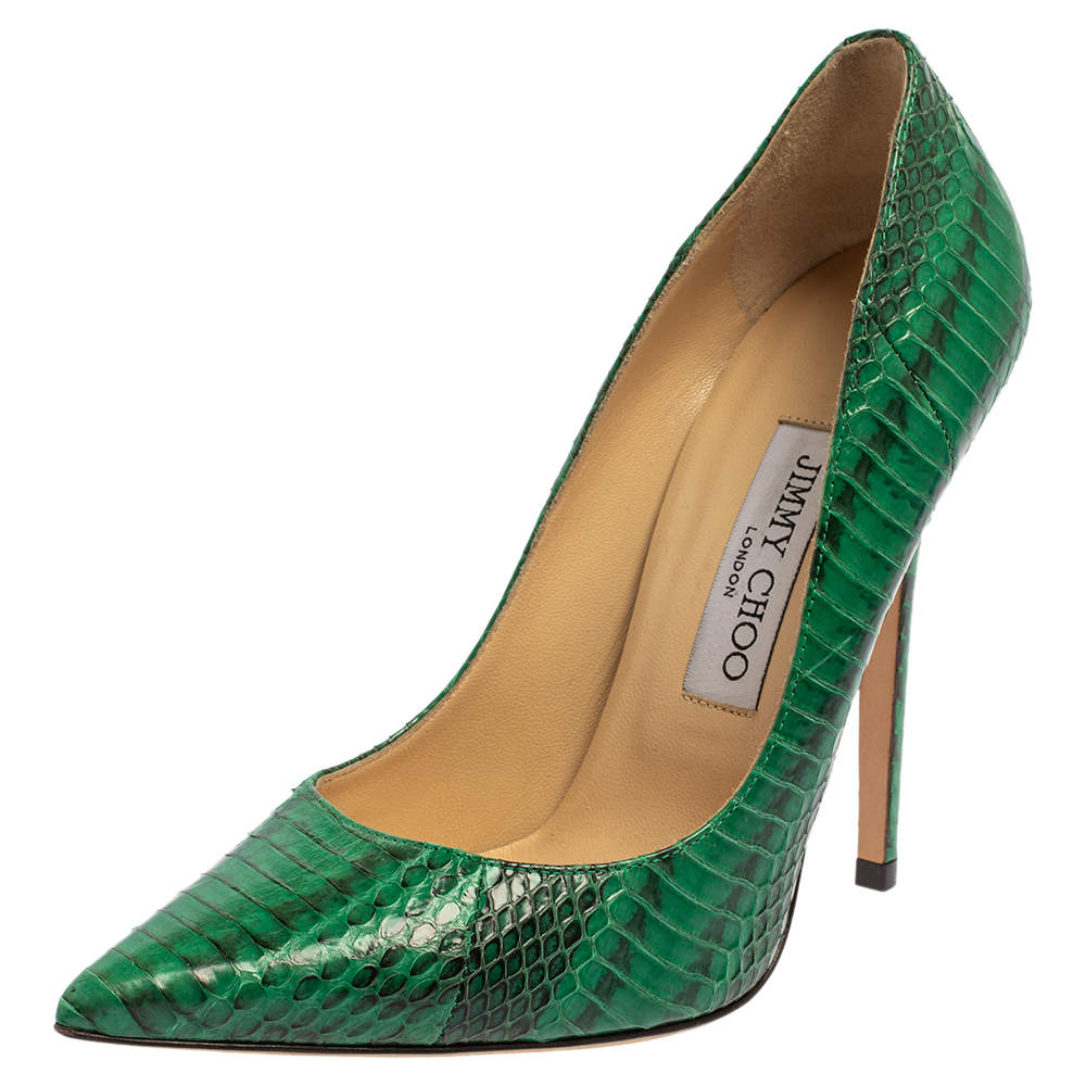 Jimmy Choo Green Python Embossed Leather Pointed Toe Pumps Size 38