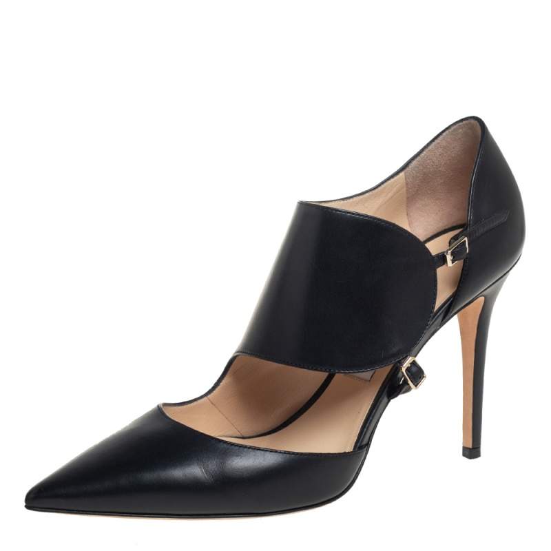 Pre Owned Jimmy Choo Black Leather Wide Ankle Strap Pumps Size 39