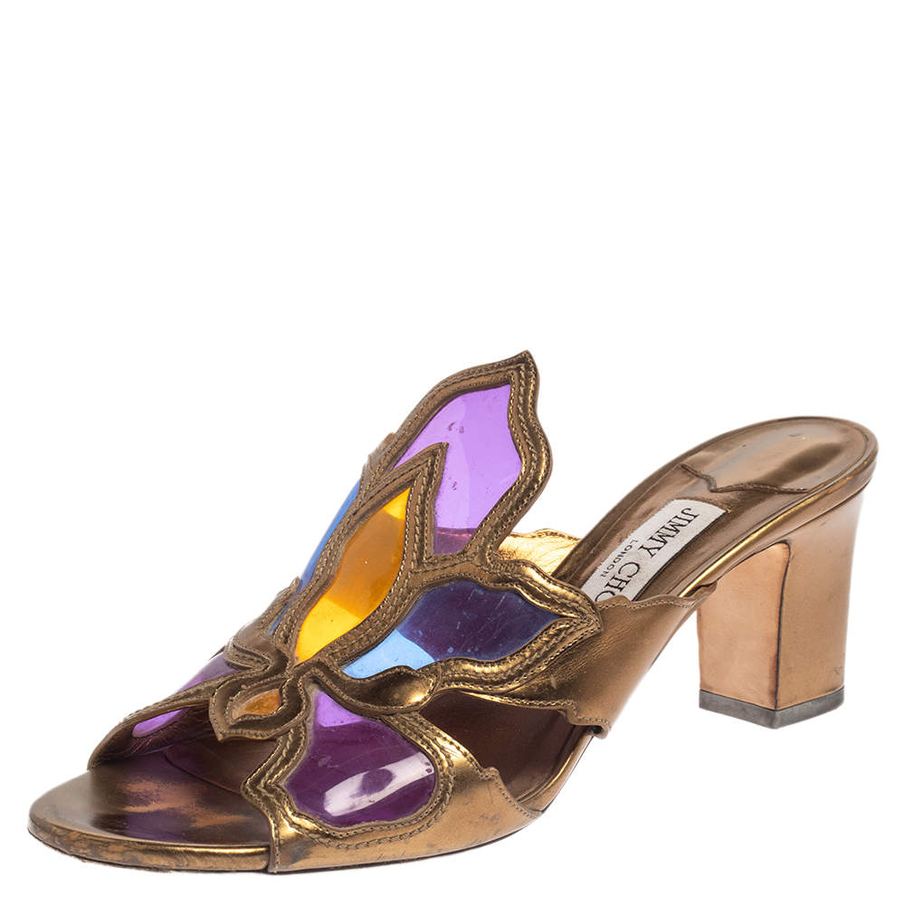 Pre Owned Jimmy Choo Multicolor Leather and PVC Lisa Slide Sandals Size 39.5