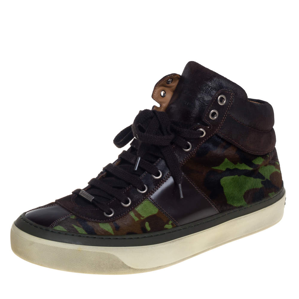 مملوكة مسبقًا Jimmy Choo Camouflage Printed Pony Hair Belgravia High Top Sneakers Size 43