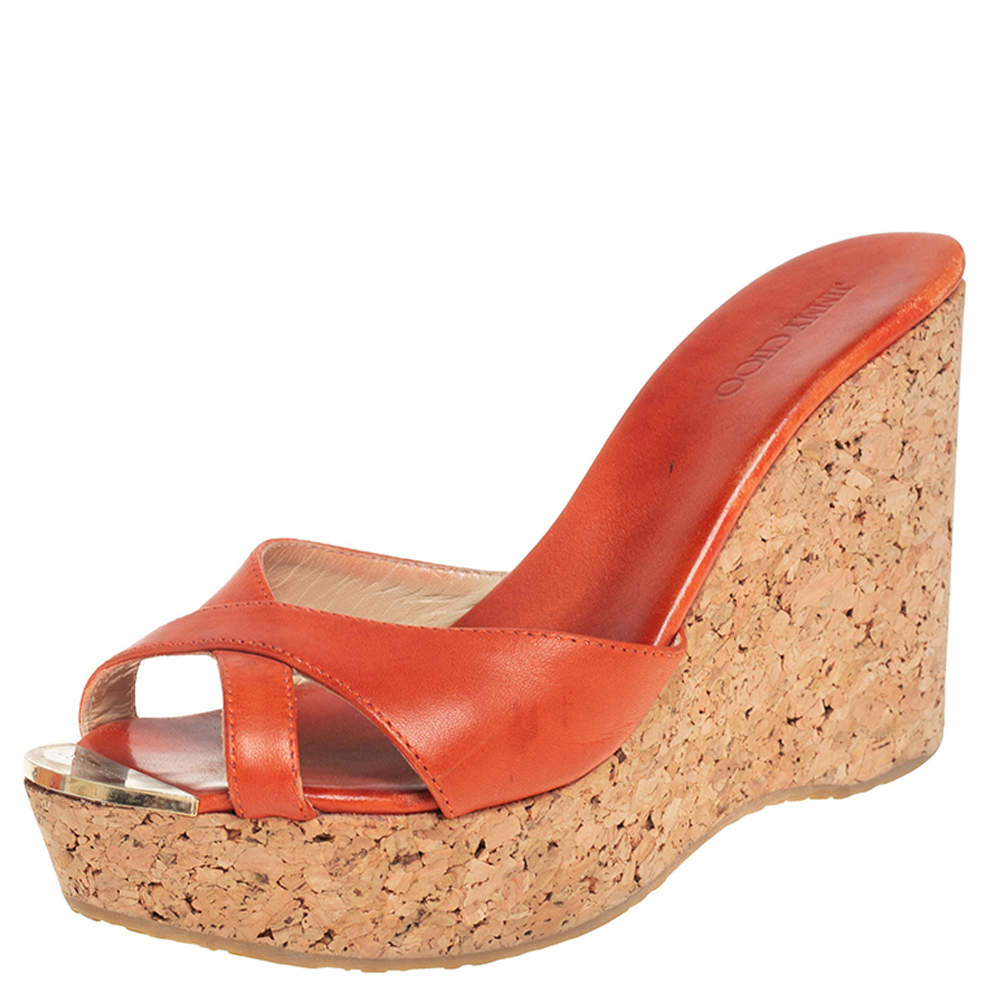 مملوكة مسبقًا صندل جيمي تشو بيرفيوم كعب روكي فلين نعل سميك جلد برتقالي مقاس 39.5
