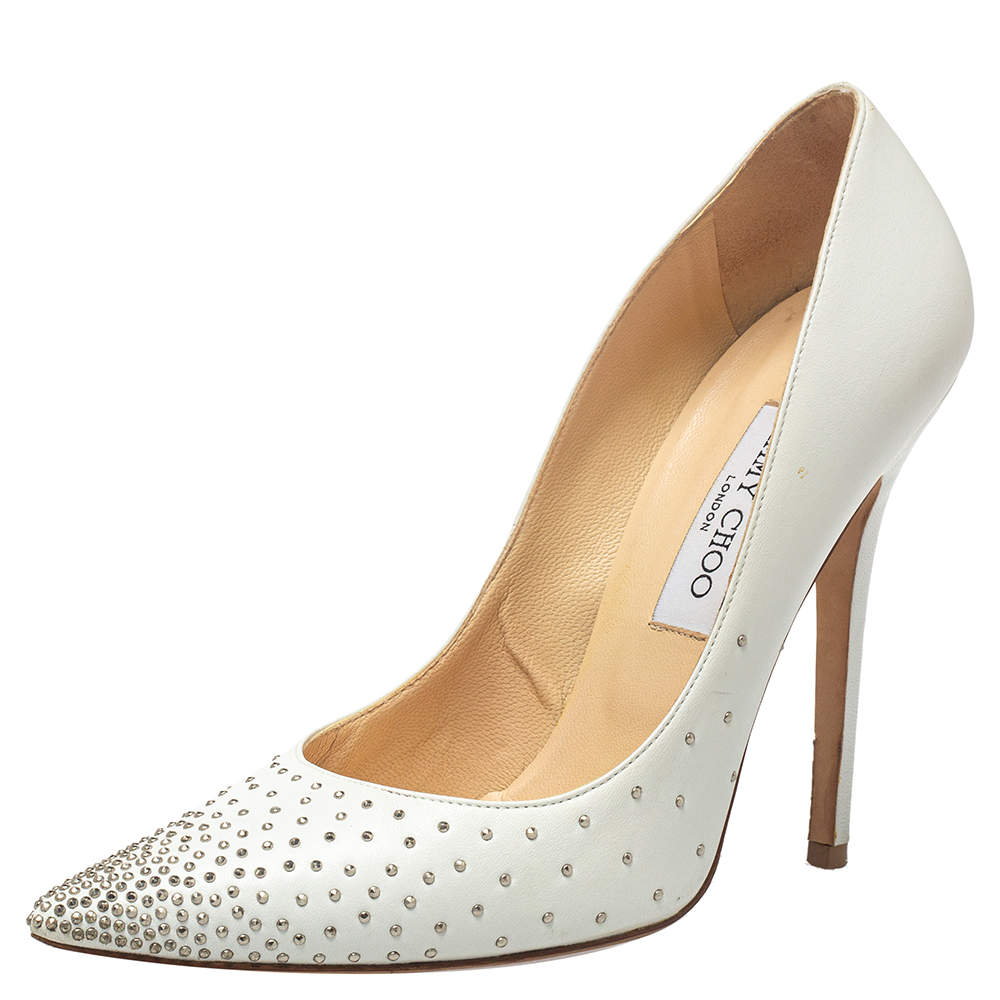 Pre Owned Jimmy Choo White Embellished Leather Romy Pointed Toe Pumps Size 39