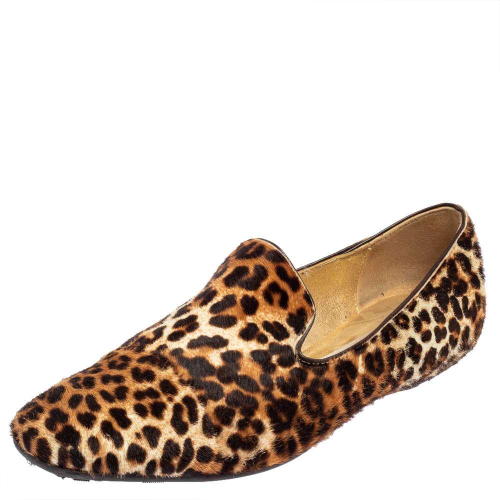 Pre Owned Jimmy Choo Brown Leopard Pony Hair Wheel Smoking Slippers Size 37