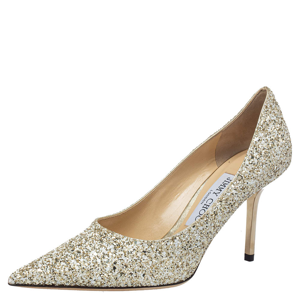 Jimmy Choo Gold Glitter Romy Pointed Toe Pumps Size 36.5